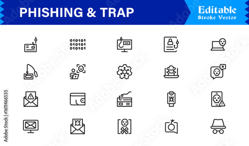 Phishing Security Cybercrime: Professional Line Icon Set with Modern Minimal Trap, Scam, and Hacker Symbols