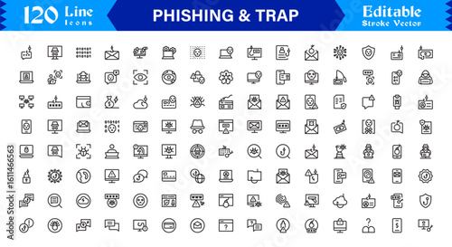 Phishing Security Cybercrime: Professional Line Icon Set with Modern Minimal Trap, Scam, and Hacker Symbols