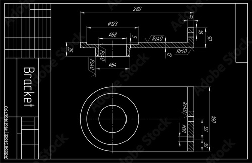Vector mechanical part of machine - bracket.
Engineering assembly drawing of steel device
with dimension lines. Industrial technic 
cad scheme on paper sheet. Machined tool.