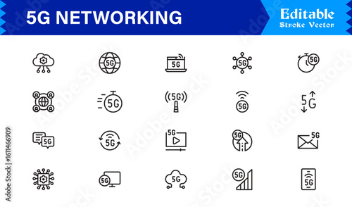 5G Network Technology: Professional Line Icon Set for Modern Connectivity and Wireless Communication