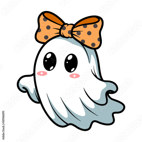 Cute ghost with bow for Halloween illustration 