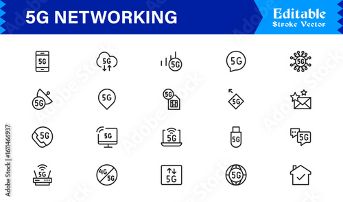 5G Network Technology: Professional Line Icon Set for Modern Connectivity and Wireless Communication