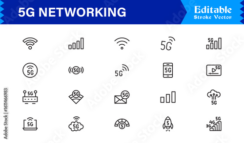 5G Network Technology: Professional Line Icon Set for Modern Connectivity and Wireless Communication