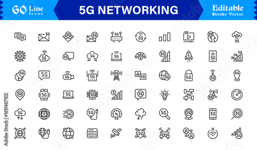 5G Network Technology: Professional Line Icon Set for Modern Connectivity and Wireless Communication