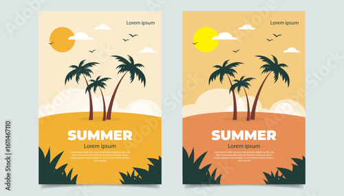 A minimal and colorful summer flyer design featuring palm trees, hammock, sea, clouds, and sun in a tropical beach setting. Perfect for summer event promotions, advertisements, and seasonal marketing 