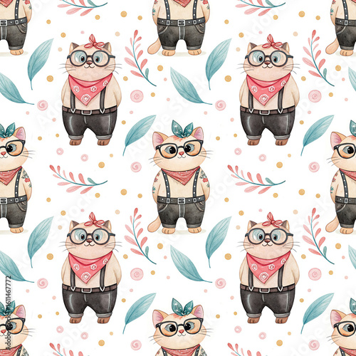 seamless watercolor pattern cat on white background