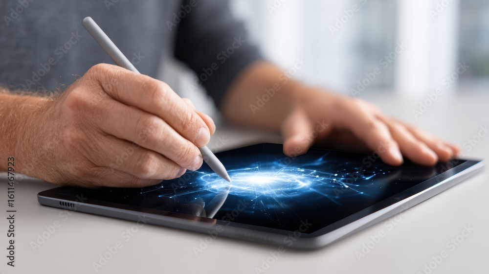Fototapeta premium A person uses a stylus to interact with a tablet displaying a futuristic digital network interface.