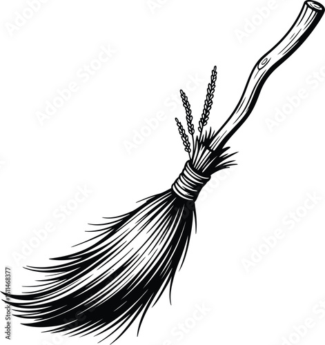 Witch's Broom Vector Illustration A classic witch's broom with a bundle of wheat tied to the handle perfect for themed projects
