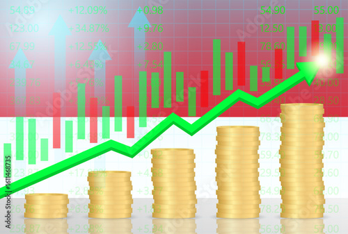 Indonesia Economy. Flag of Indonesia with Rising Financial Graph. Economic Growth and Development Concept. Vector Illustration.  