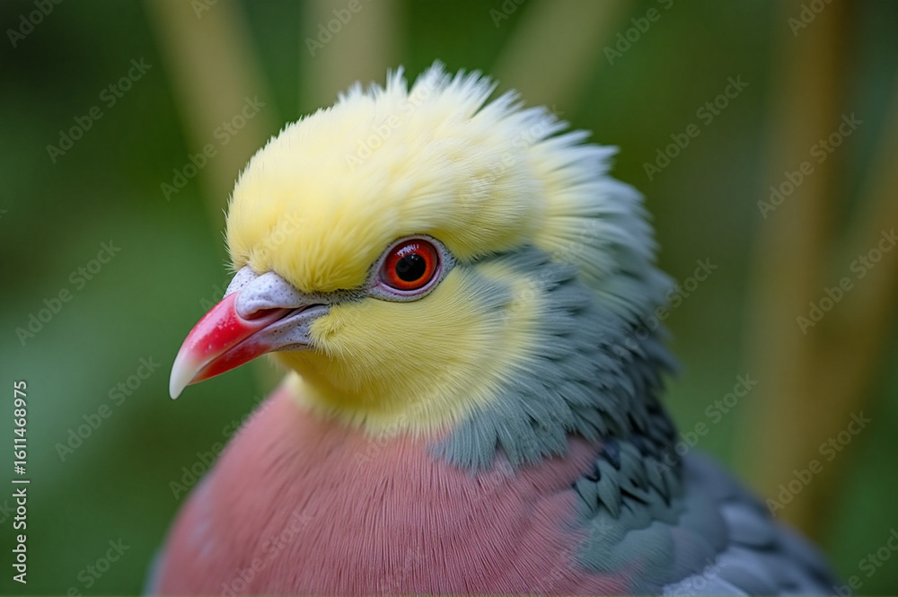 Obraz premium A close up of a bird with a yellow head and red beak.