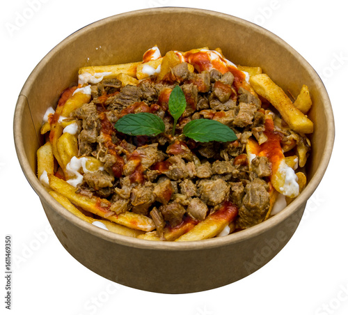 Loaded French Fries With Pulled Meat Red Chili Sauce White Cream Fresh Mint In Brown Takeaway Bowl