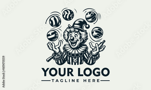 Vintage style logo featuring a happy clown juggling balls, with a tagline area below.