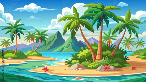 very Beautiful tropical island with palm trees and beach panorama as background image