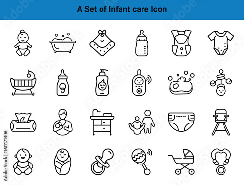 Outline icons showcase essential elements needed to support and care for a newborn infant child
