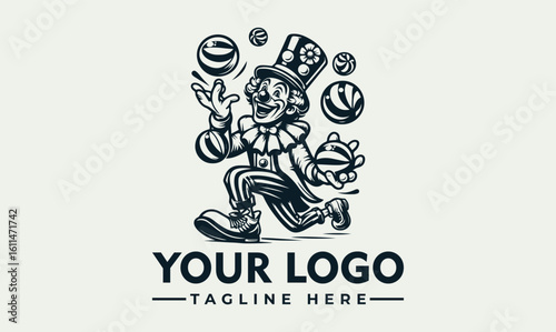 A vintage-style illustration of a joyful clown juggling balls, designed as a logo.