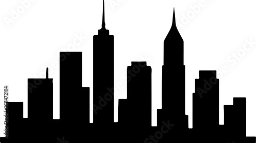 Black silhouette of diverse city buildings against white background city skyline