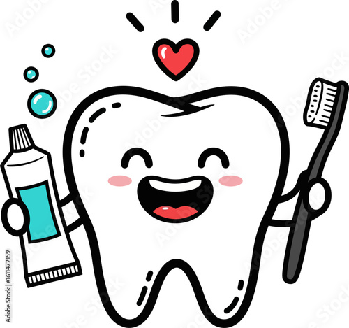 Happy cartoon tooth joyfully holds toothbrush and toothpaste, expressing dental hygiene.