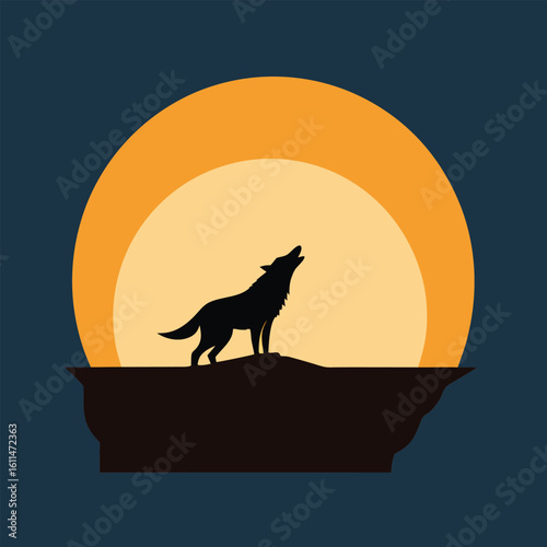 Black wolf howling on cliff silhouette against orange moon vector