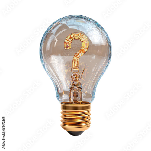Transparent lightbulb, golden question mark inside