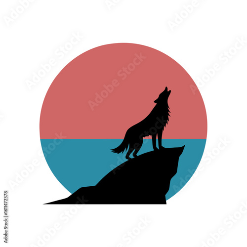 Black wolf silhouette howling on rock against red and blue circle vector