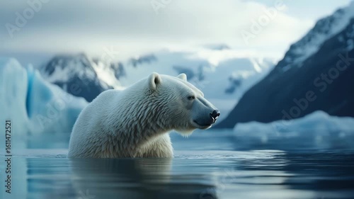 Polar bear in water with mountains in background.