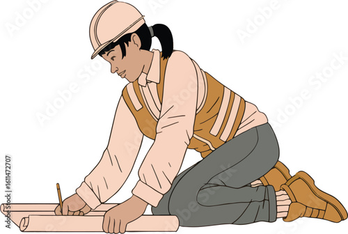 Woman engineer in hard hat and vest drawing on blueprints vector