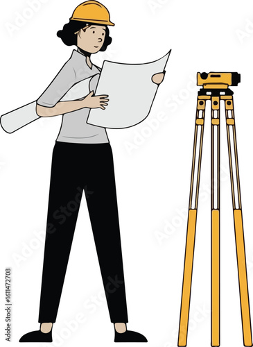 Woman surveyor in hard hat with blueprints next to a yellow theodolite plans