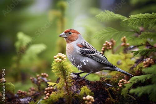 Common rosefinch perched on a mossy branch amidst lush green foliage, showcasing its vibrant plumage and observing the serene forest surroundings