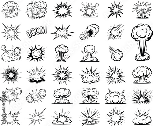 Comic Style Explosion Icons, Cartoon Blast and Boom Effects Pack.