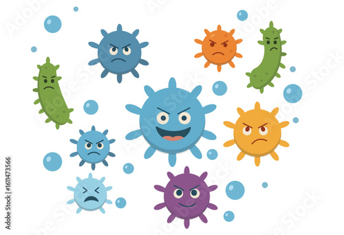Colorful Germ Characters Illustration
An illustration of various germs with expressive faces, including angry, mischievous, and smug expressions. Perfect for use in medical, hygiene, oral care, 