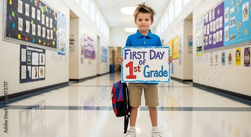 A young boy holding a first day of first grade sign in a school hallway with a backpack on his side