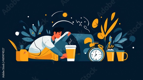 Man resting, taking a coffee break, surrounded by office supplies and plants.