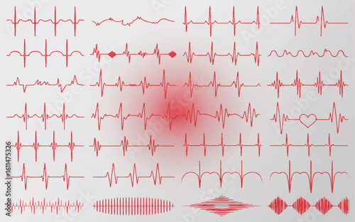 Red heartbeat line collection with heart symbol for cardiology and medical pulse monitoring vector set.
