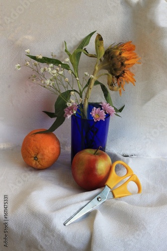still life with fruit and flowers
