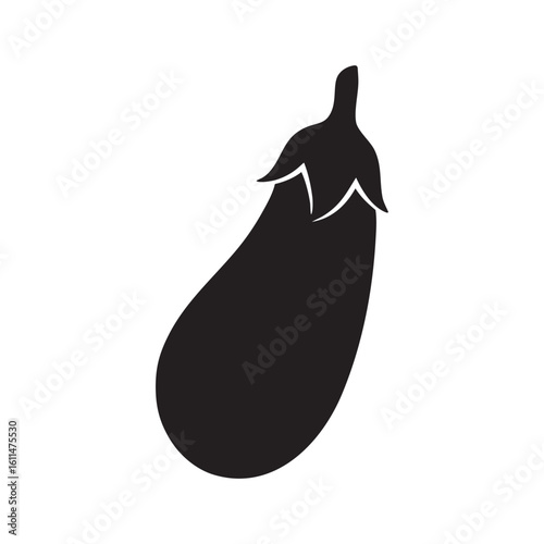 Black silhouette of an eggplant with green leaves aubergine