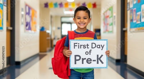 Smiling boy holding first day of pre k sign in school hallway with red backpack and colorful shirt