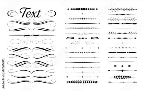 A set of hand-drawn decorative text dividers and classic flourishes with ornate vintage swirls
