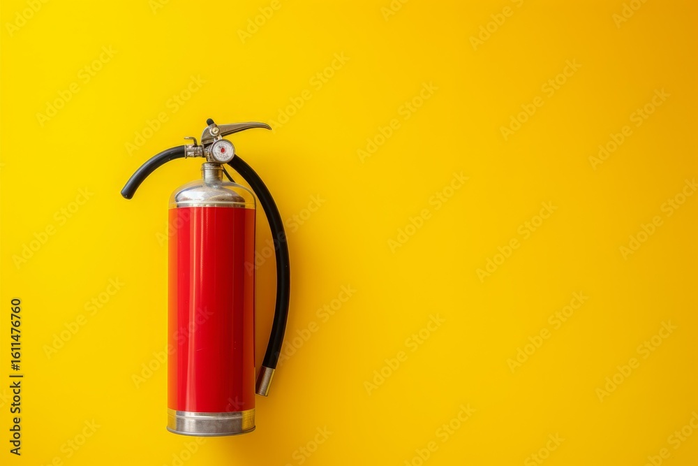 Obraz premium Studio shot of a red fire extinguisher lying on a yellow background, offering ample copy space for text or design elements