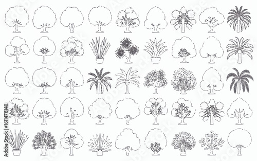 Collection of tree and plant elevation line icons for landscape architecture and design plans.