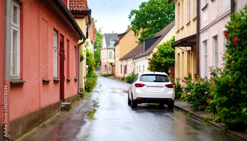 Fototapeta Naklejka Na Ścianę i Meble -  Quaint European street on a rainy day