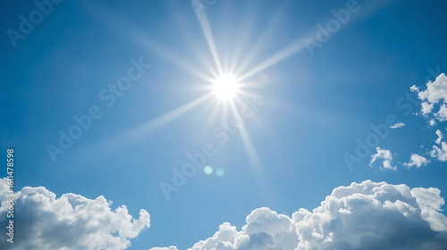 The image depicts a serene, sunny day with a bright blue sky, radiant sun, fluffy white clouds, and a minimalist background, symbolizing excellent weather.