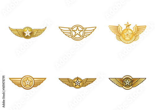 Collection of Golden Pilot Wings Featuring Stars and Different Design Styles