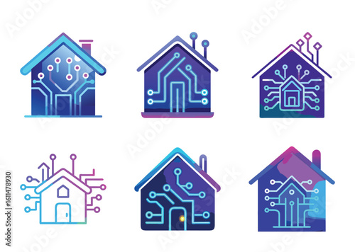 Collection of stylized smart home icons with integrated circuit board designs