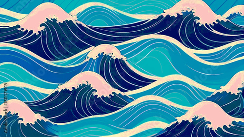 Abstract blue and white wavy line pattern background with japanese influence