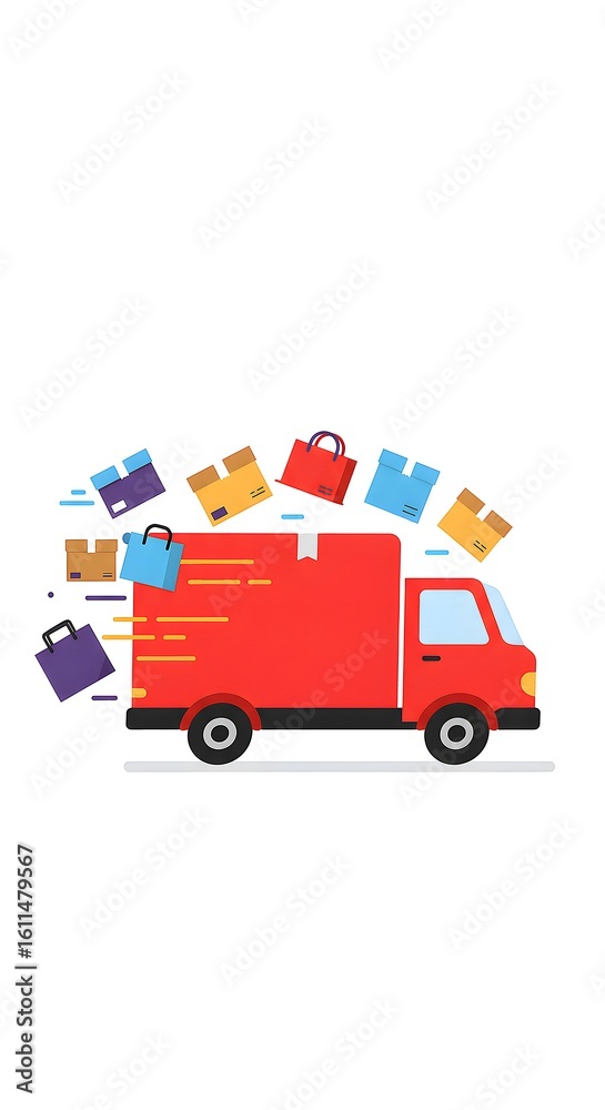 Fototapeta premium Red delivery truck with falling shopping bags and boxes