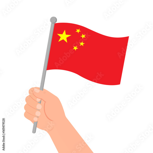 Vector illustration of a hand holding Chinese national flag. Red flag with five yellow stars waving on white background. Symbol of China, patriotism, celebration, and international relations