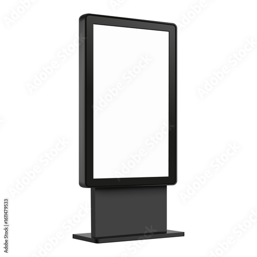 Realistic mockup of a black vertical city lightbox billboard with blank screen. Isolated advertising display template for urban signage, poster, or interactive digital content