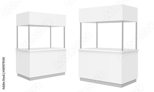 Two realistic mockups of blank promotional counters or exhibition stands, side view. White portable booth templates for branding, advertising, and trade show presentations. Isolated on white backgroun