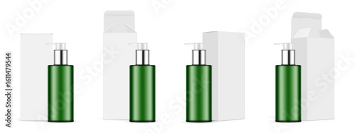 Set of realistic pump bottle mockups with white packaging boxes. Green cosmetic containers with open and closed boxes on white background. Perfect for skincare branding and product design
