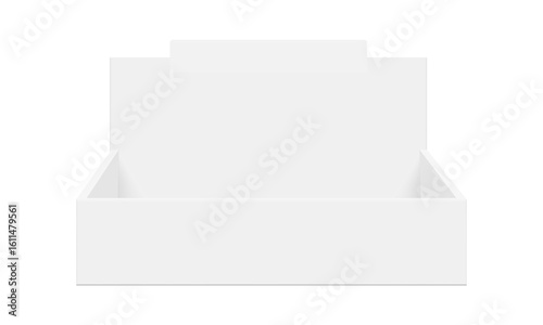 Realistic mockup of blank cardboard display box for retail product presentation. Countertop dispenser template for branding, packaging design, and POS marketing. Front, Isolated on white background